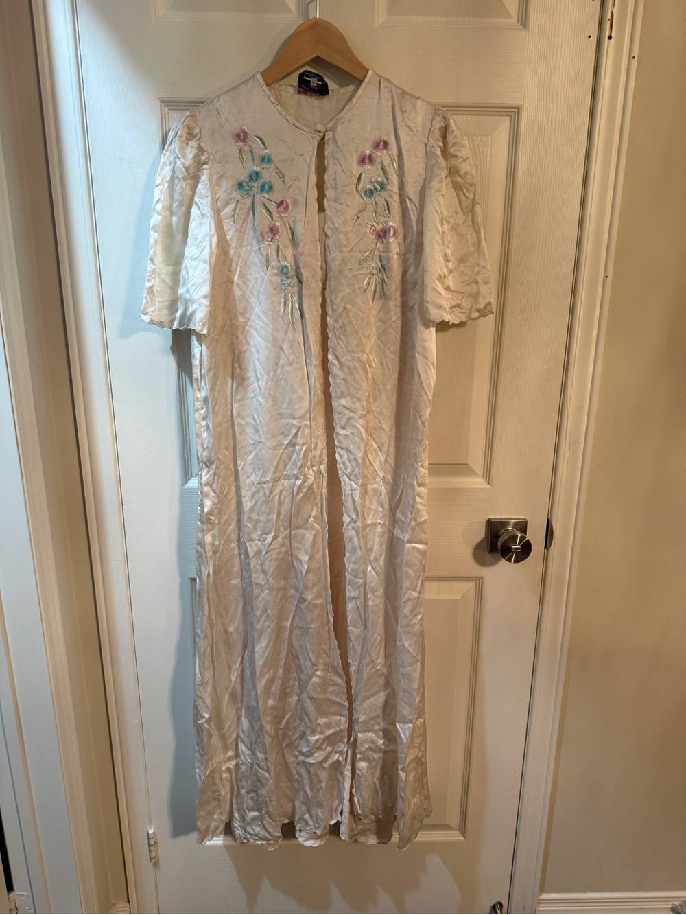 Cream Long Embroidered Robe set with Pink and Teal Floral Accents 2 pieces